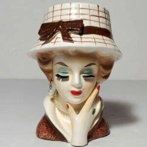 Rubens Lady Head Vase Planter Brown Hat Pearls 5" Vintage